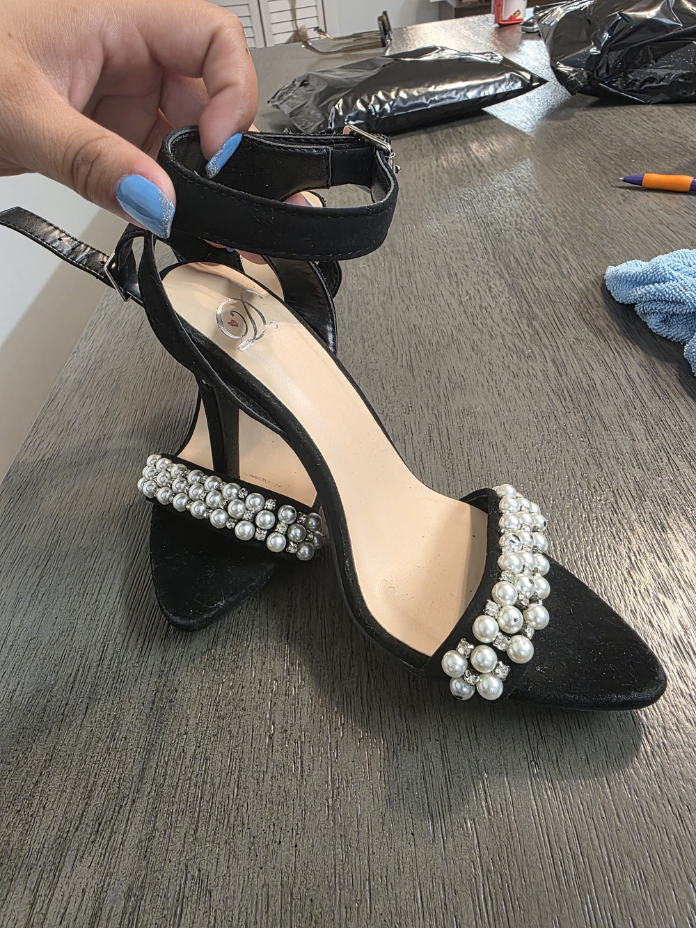 Black Pearl-Embellished Ankle Strap Sandals
